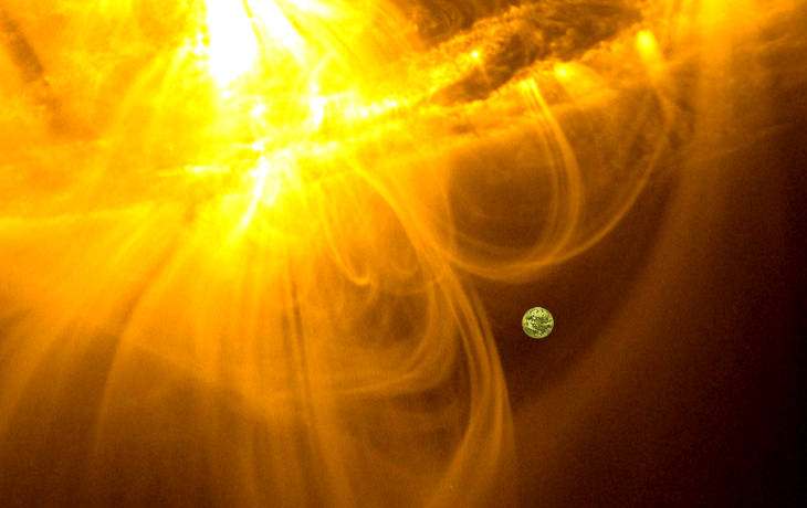 Mosaic of a portion 
                            of the Sun with numerous solar flares and the Earth at scale. Credit for the 
                            original image of the Earth: NASA/DSCOVR/EPIC. Credit for the original view of the Sun: SDO. 
                            Montage credit: Marc Lafferre, 2016.