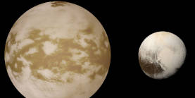 A mosaic of 
										views of Titan in the infrared or near-infrared spectrum in artificial colors and of Pluto at 
										scale. Credit for the original image of Titan: NASA/JPL-Caltech/Space Science Institute. Credit 
										for the original view of Pluto: NASA/Johns Hopkins University Applied Physics Laboratory/Southwest 
										Research Institute. Montage credit: Marc Lafferre, 2026.