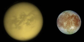 A mosaic of Titan 
										and Europa at scale. Credit for the original image of Titan: NASA/JPL-Caltech/Space Science 
										Institute. Credit for the original view of Europa: NASA/JPL-DLR. Montage credit: Marc 
										Lafferre, 2021.