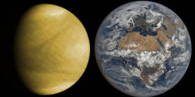 Venus and the Earth at scale. The colors of Venus are artificial in this view. Credit 
										for the original view of the Earth: DSCOVR/EPIC. Credit for the original view of Venus: 
										Akatsuki. Montage credit: Marc Lafferre, 2022.